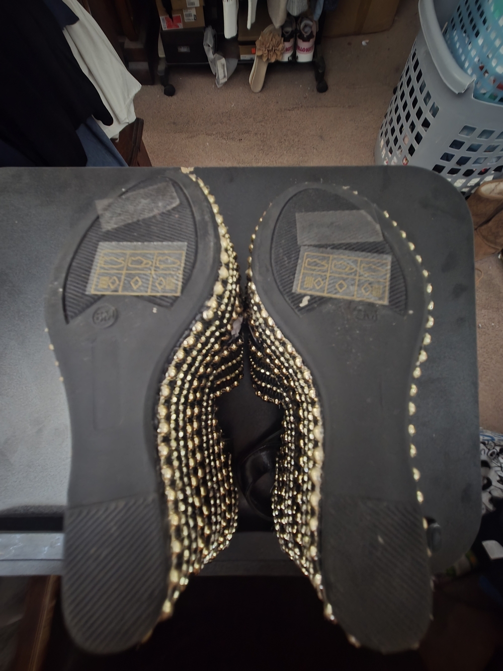 BAMBOO Black and Gold Beaded Crisscross Platform Sandals - Strappy Ankle Buckle - Picture 3 of 5